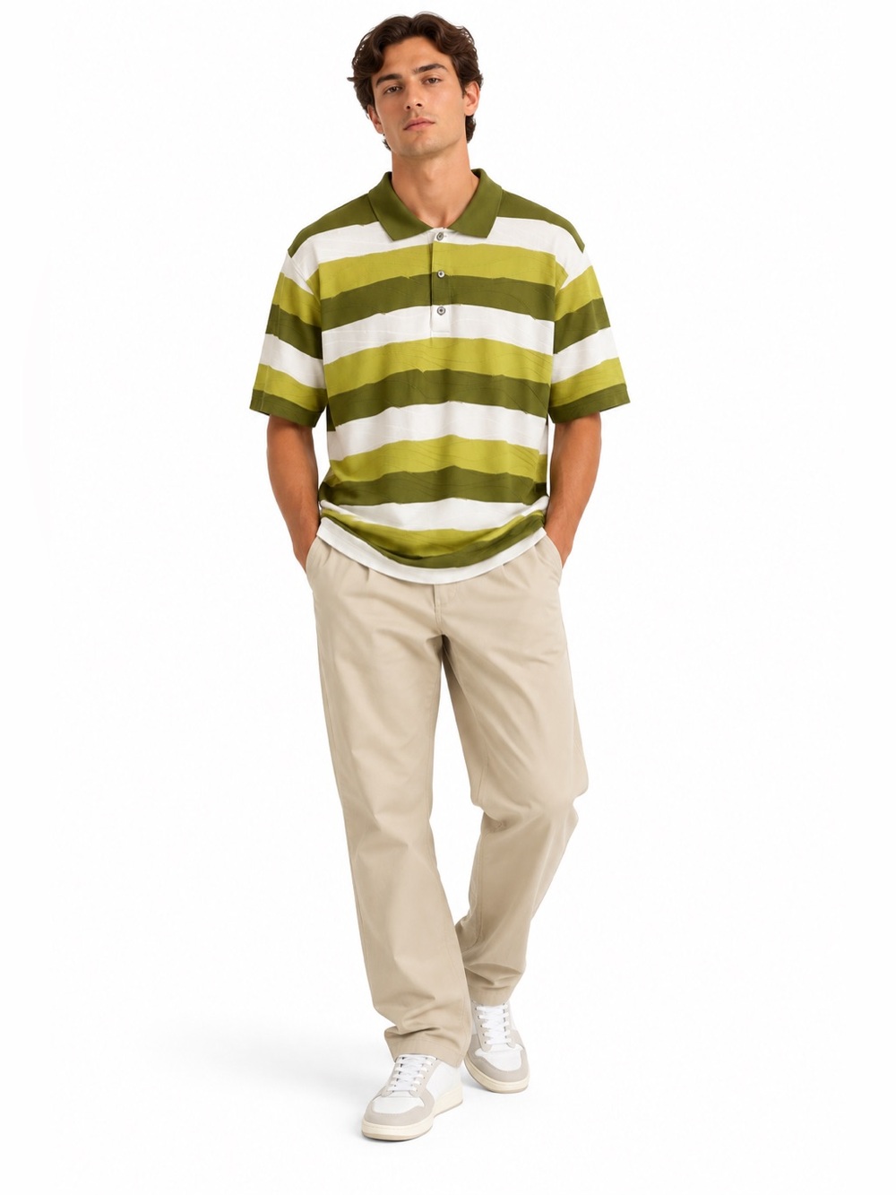 Antigua Green & White Striped Textured Golf Polo Shirt - Size Large EUC